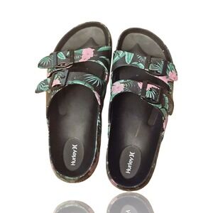Hurley Womens Floral Slide Sandals Black Pink Tropical Hibiscus EU 38 US 7.5